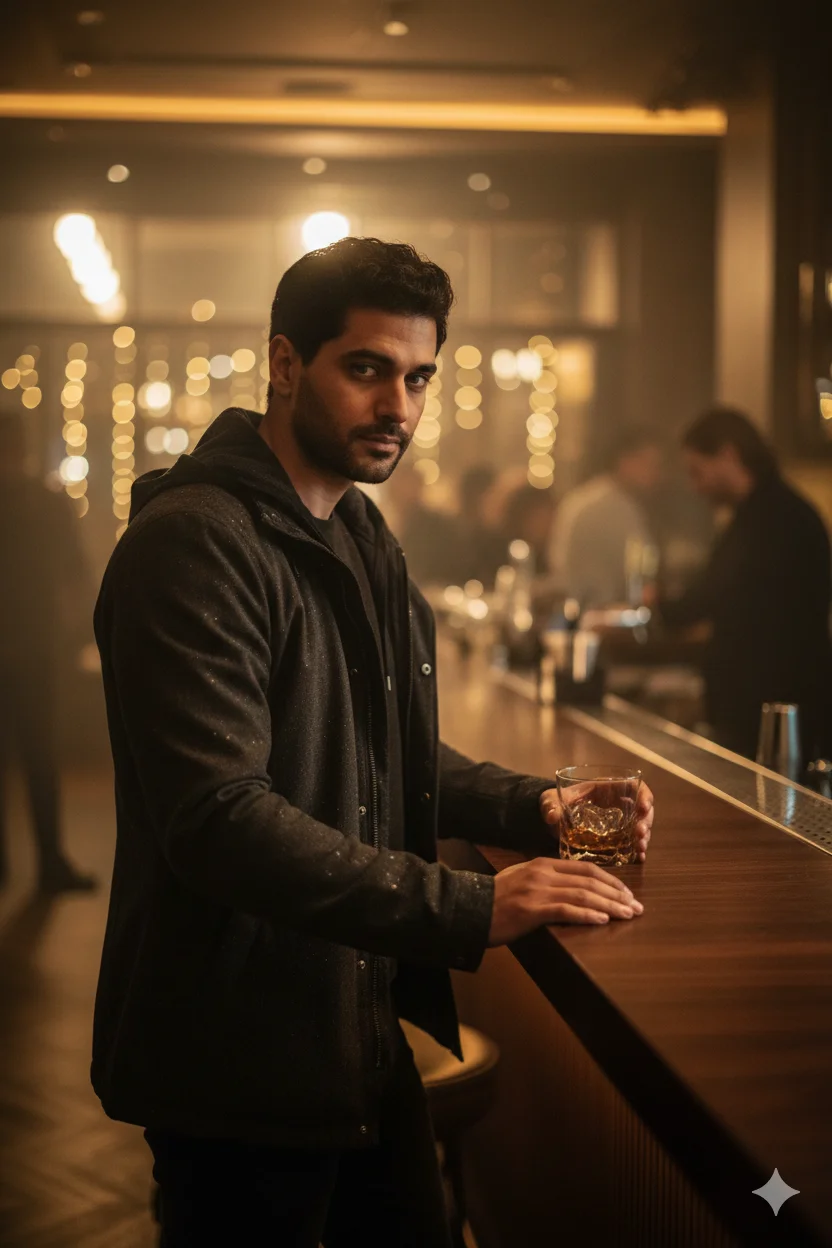 Cinematic New Year 2026 – Bar Interior Shadow Pose